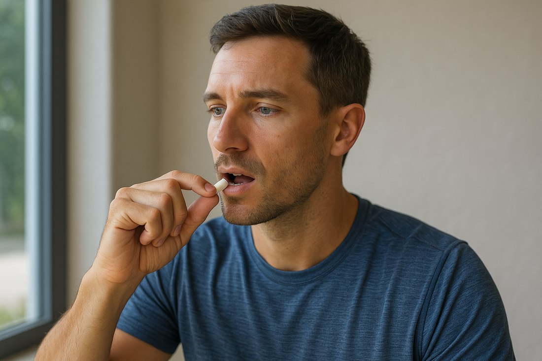Young man in a bright kitchen about to take a supplement, representing the start of a daily NAC Plus routine for detox and immune support.