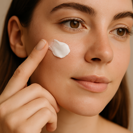 Woman applying white moisturizing cream to her cheek with gentle fingers, highlighting smooth skin and natural glow.