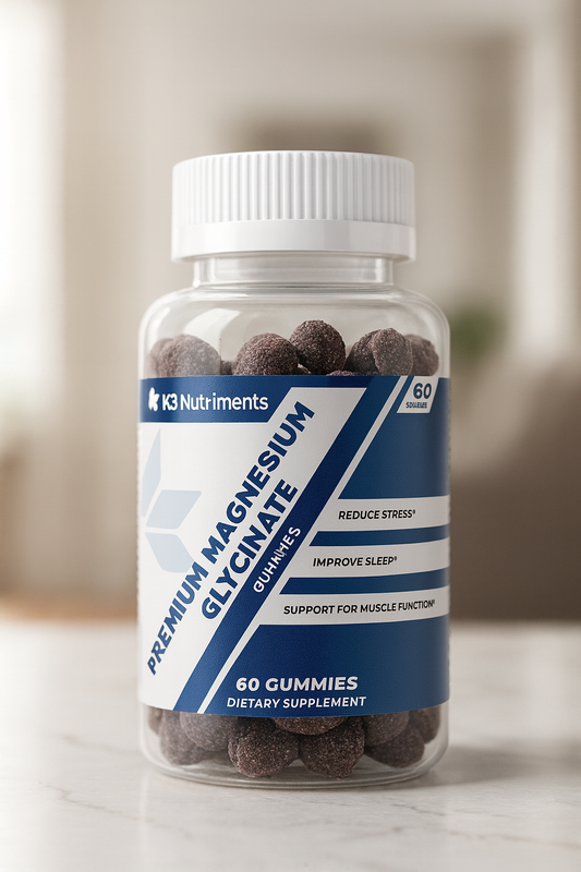 Bottle of Premium Magnesium Glycinate Gummies from K3 Nutriments sitting on a marble countertop, showcasing its clean label and high-quality supplement form.
