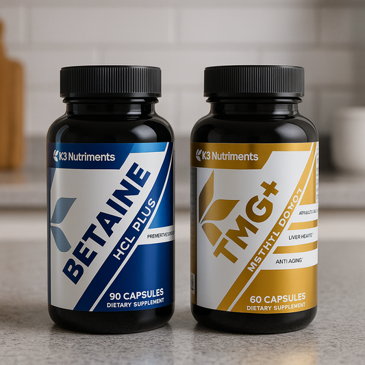 Two K3 Nutriments supplement bottles, Betaine HCL Plus and TMG+ Methyl Donor, side by side on a kitchen counter, visually representing the comparison of tmg vs betaine hcl.