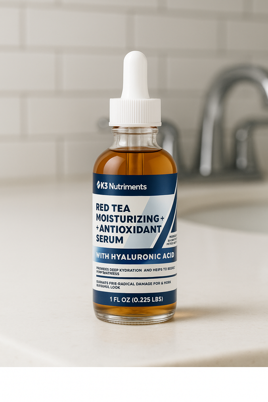 A glass bottle of K3 Nutriments Red Tea Moisturizing + Antioxidant Serum with Hyaluronic Acid, an anti-aging product, sits on a clean bathroom countertop with a blurred sink and tile background.