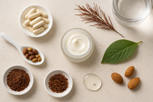 Flat lay of clean skincare ingredients including jojoba seeds, apricot kernels, and red tea leaves on a minimalist stone background, reflecting K3 Nutriments' natural anti-aging formula.