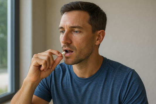 Young man in a bright kitchen about to take a supplement, representing the start of a daily NAC Plus routine for detox and immune support.
