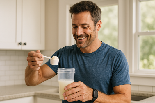 Fit middle-aged man scooping collagen powder into a glass in a kitchen setting, representing daily use of grass-fed collagen as part of a health routine