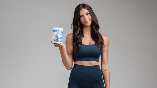 Brooklyn, a former college track athlete, holding K3 Nutriments Pre-Workout—representing the best pre-workout for women who still train hard.