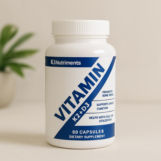 K3 Nutriments Vitamin K2 + D3 supplement bottle displayed on a countertop, representing a clean and effective alternative to K3 Gummies for bone, heart, and immune health.